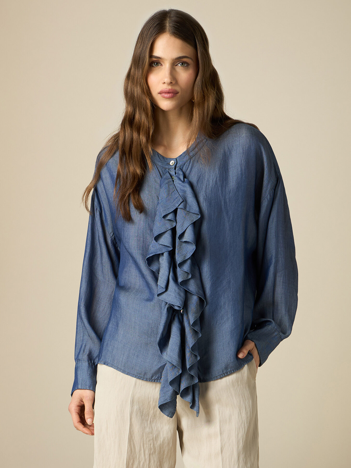 chambray shirt with ruffles image number 0
