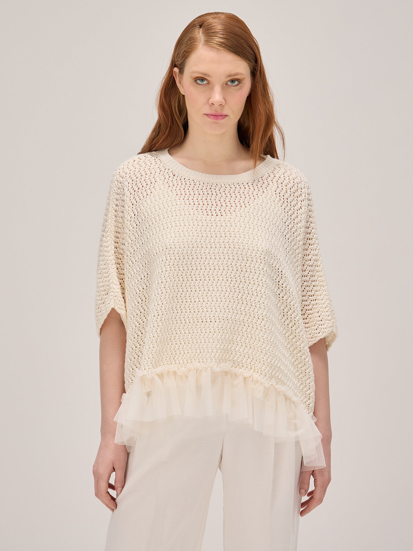 Poncho sweater with ruffle in tulle image number 0