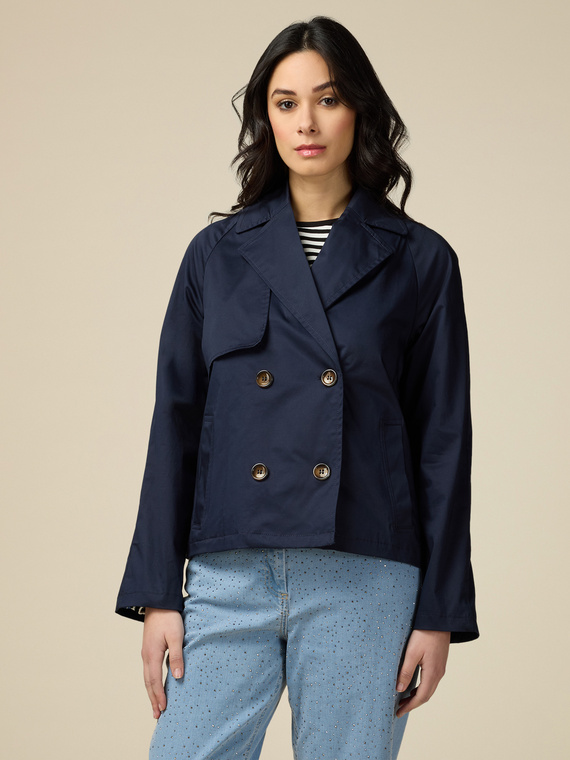 Short cotton double-breasted trench coat