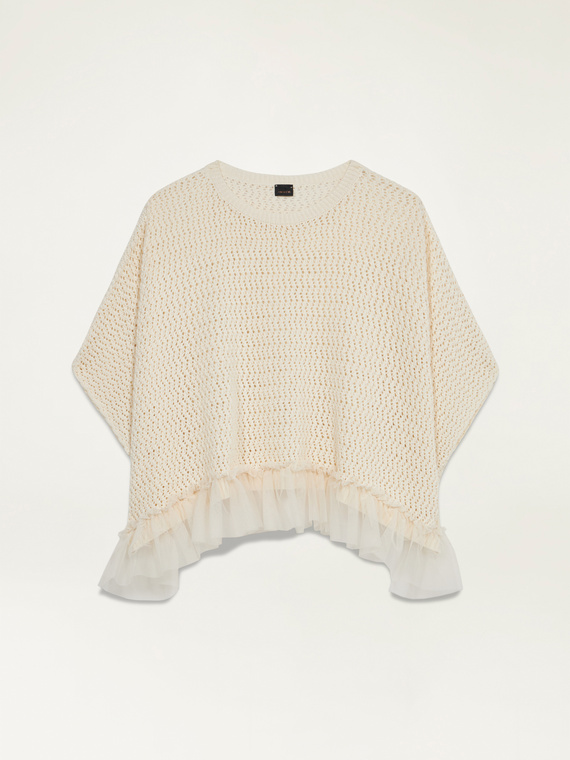 Poncho sweater with ruffle in tulle