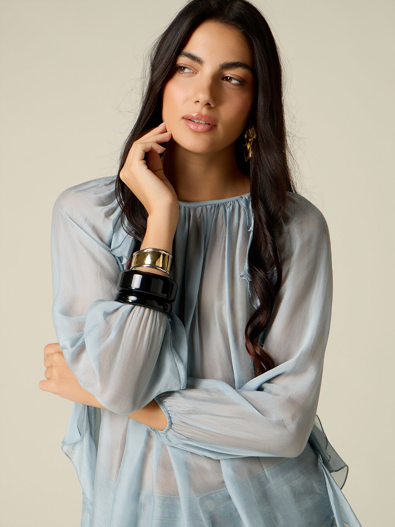 Blouse in silk blend voile with ruffle image number 2