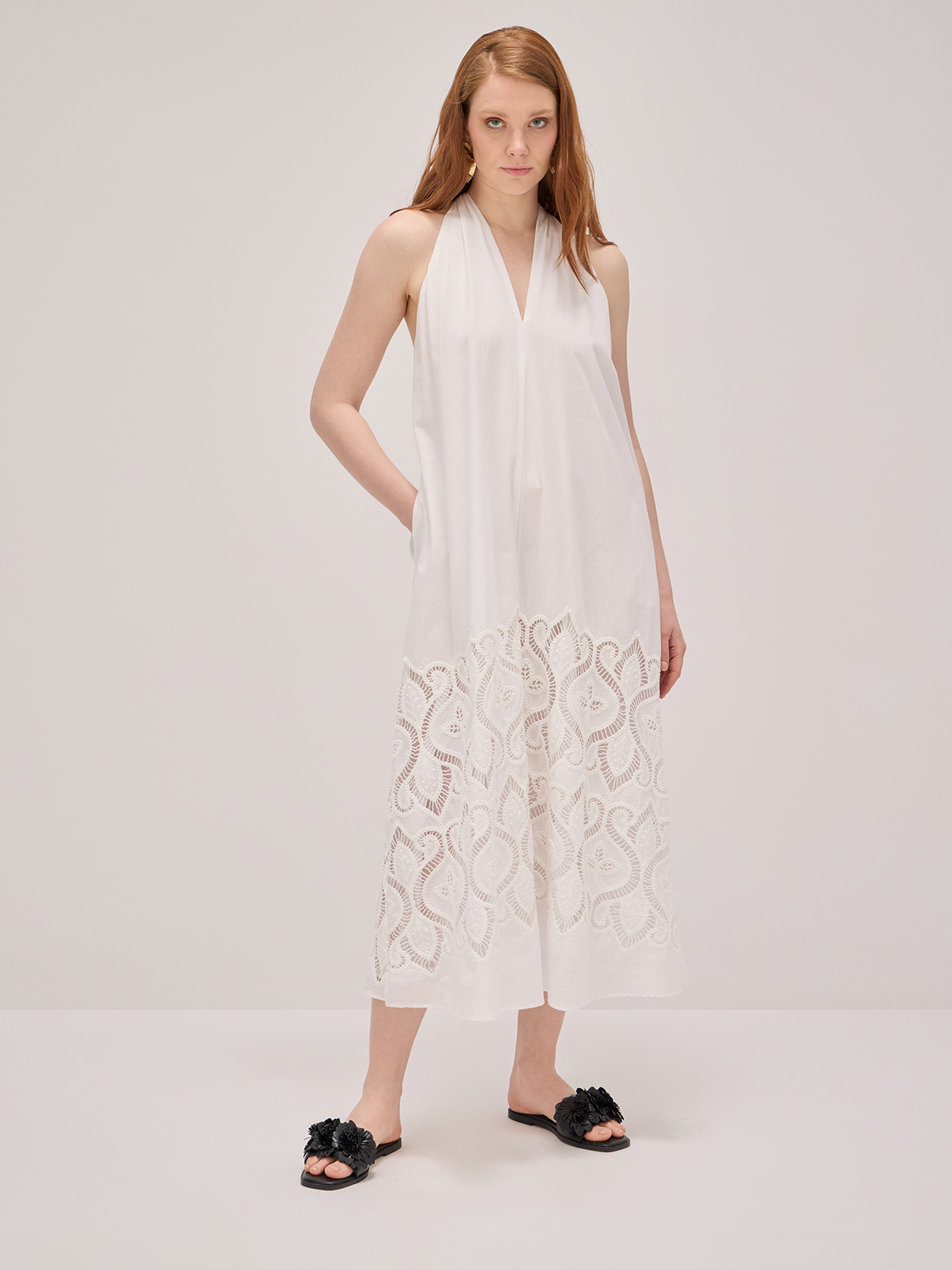 Long cotton dress with crochet embroidery image number 0