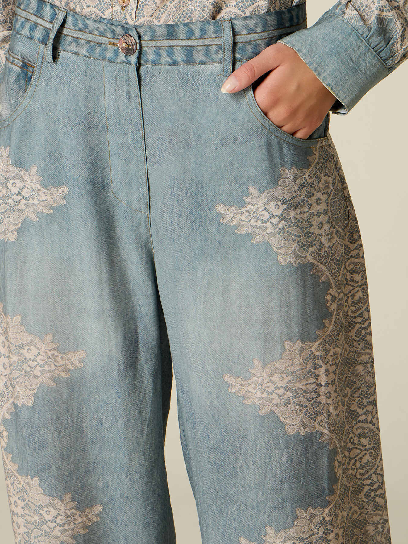 Wide-leg palazzo pants with denim effect and lace image number 2