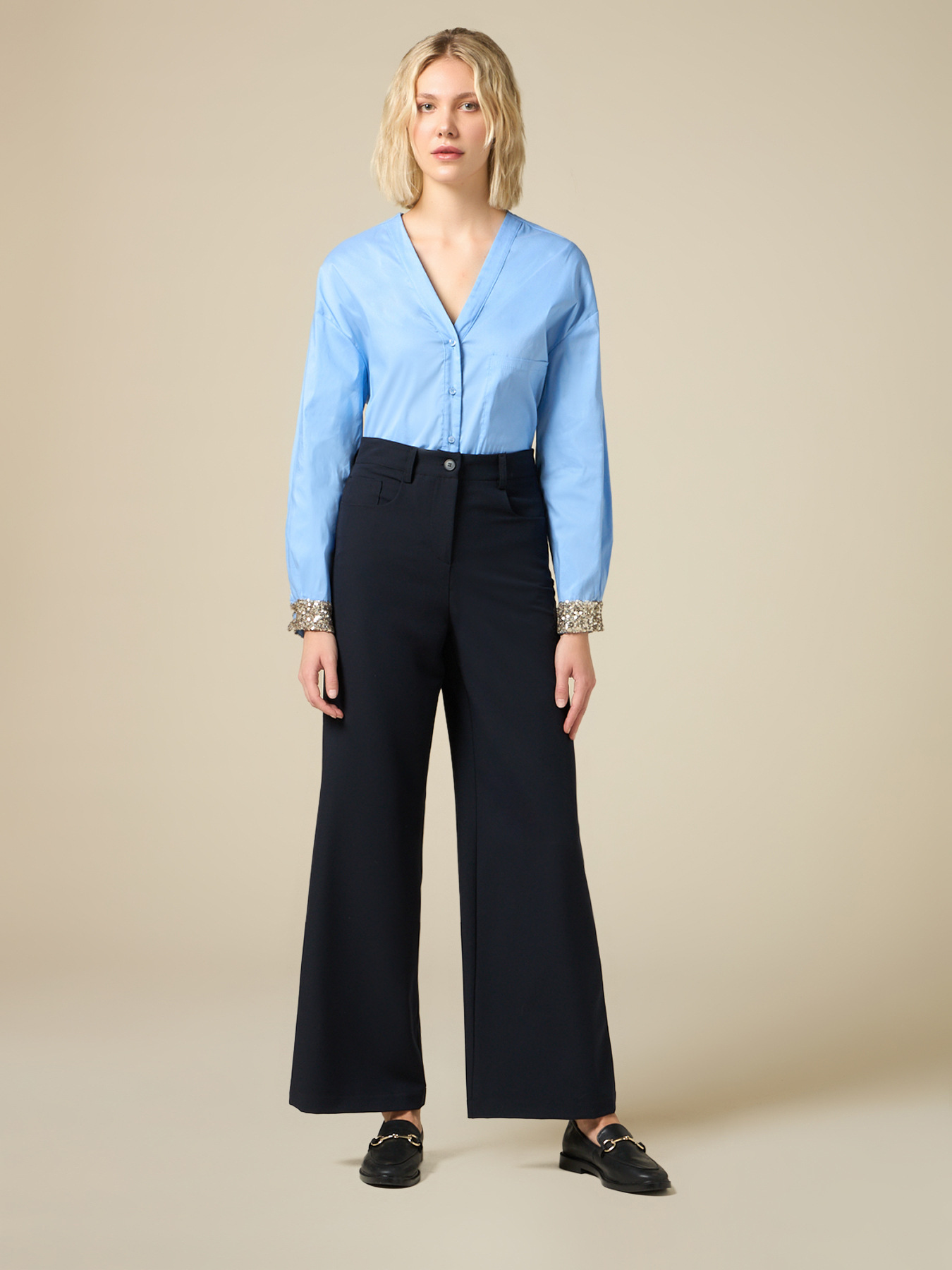 Pantalon jambe large &agrave; cinq poches image number 0