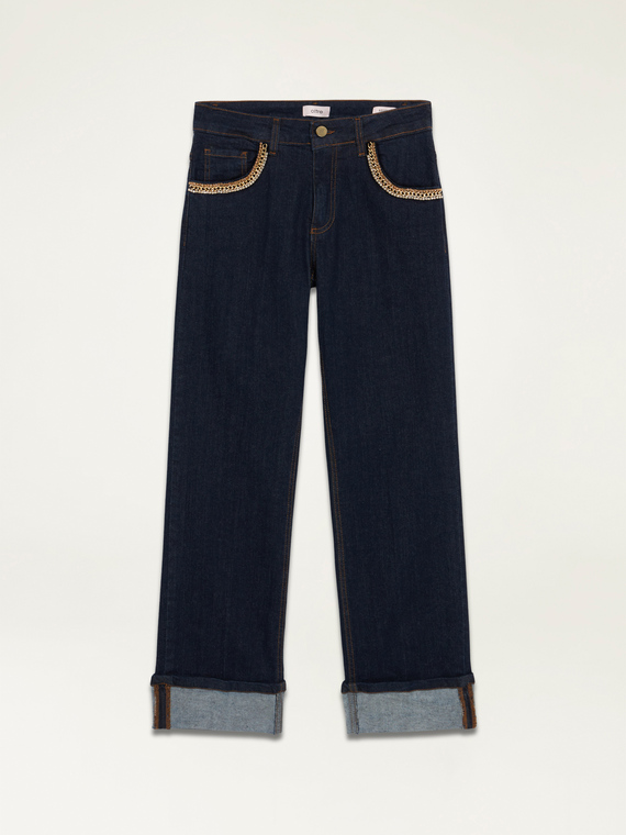 Cropped regular jeans with jewel chains