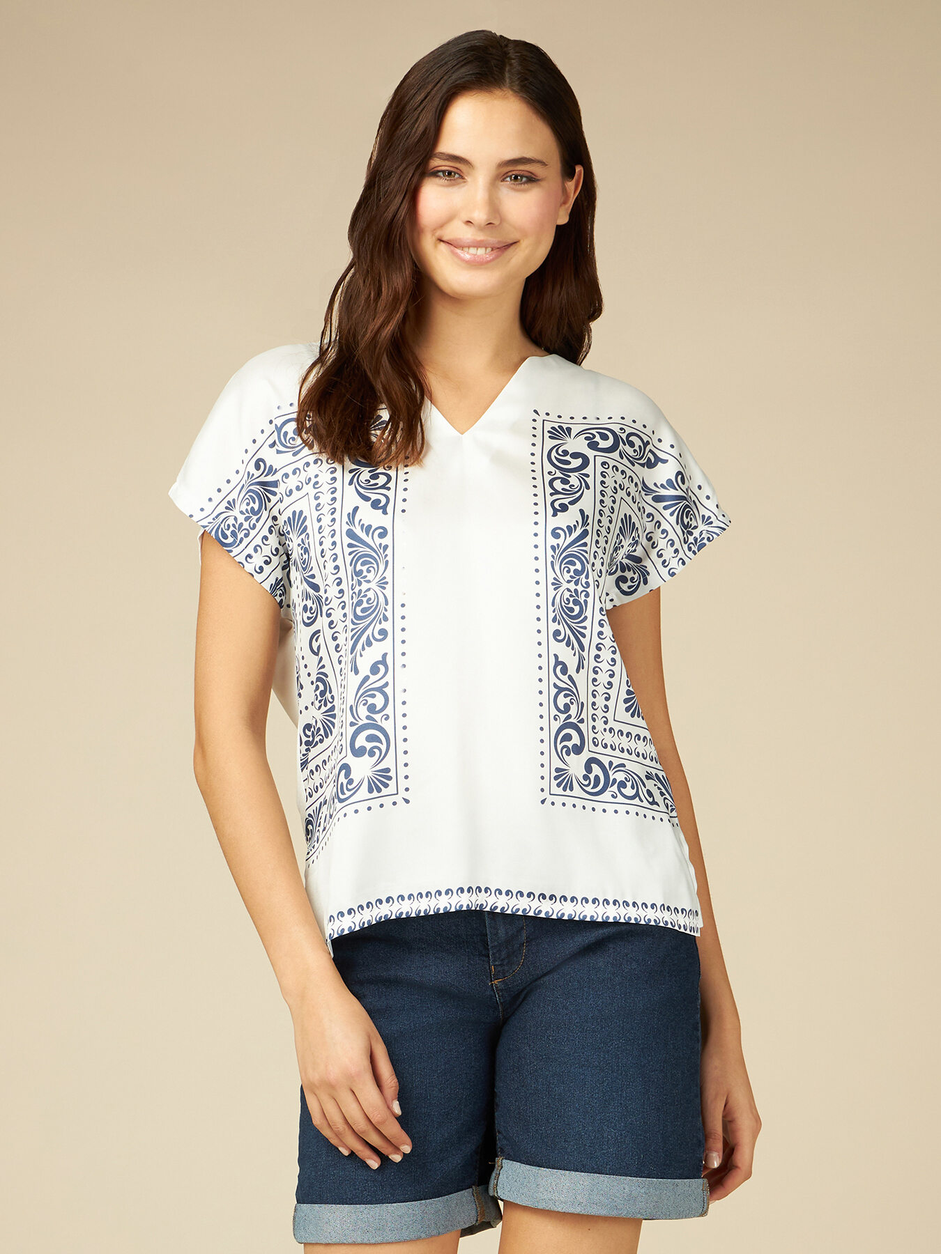 Dual fabric T-shirt with scarf print image number 0