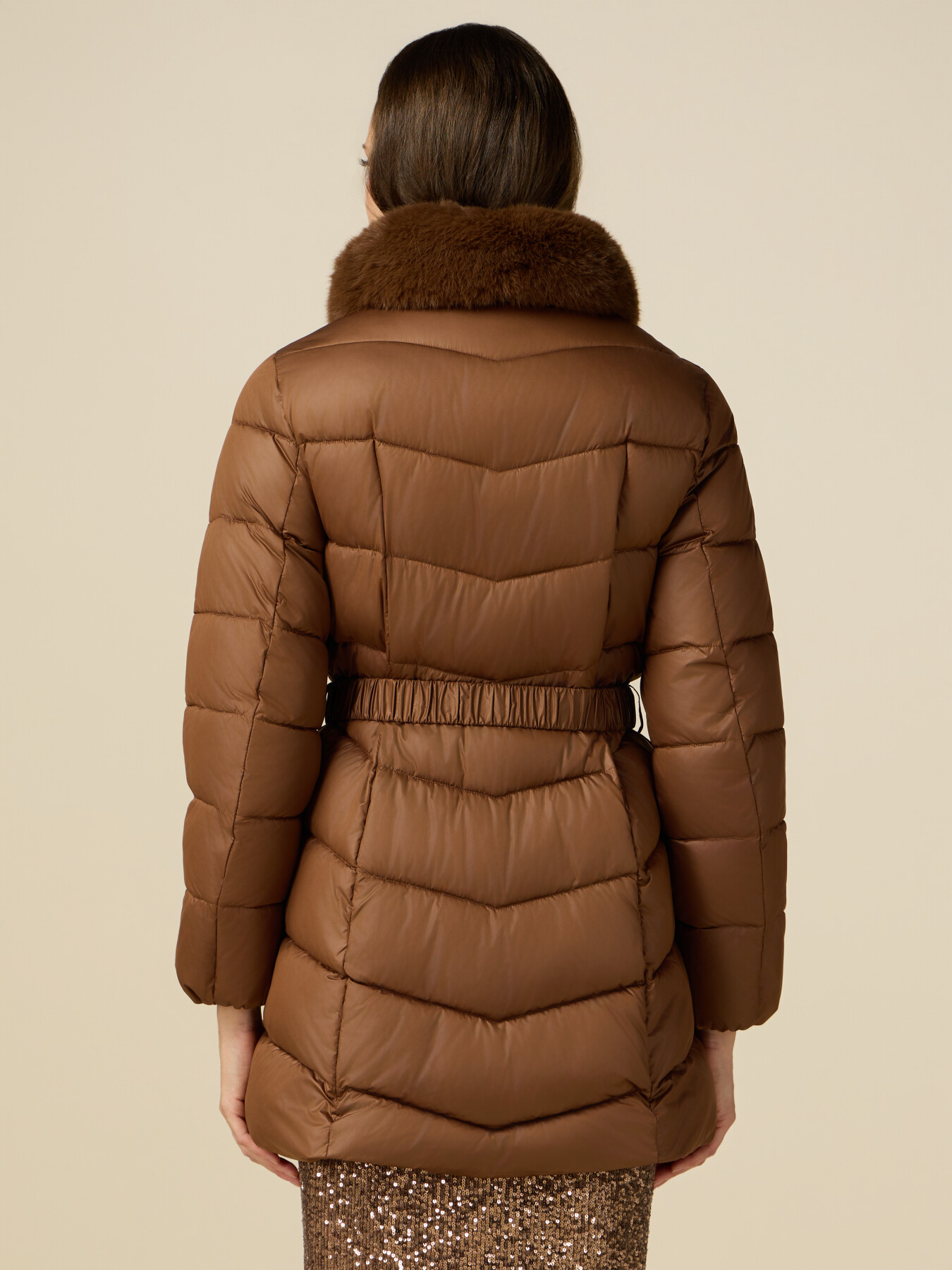 Midi down jacket with belt and furry collar image number 1