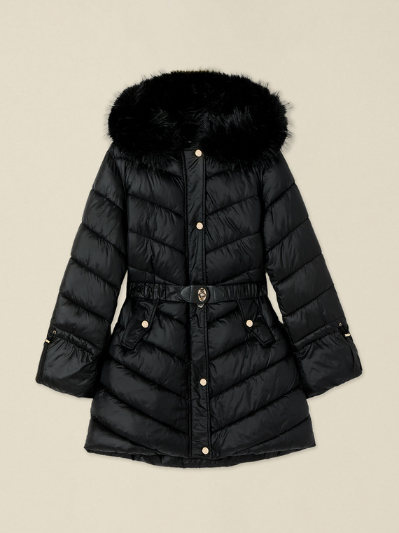 Mid-length down jacket with hood and fur-trimmed edge