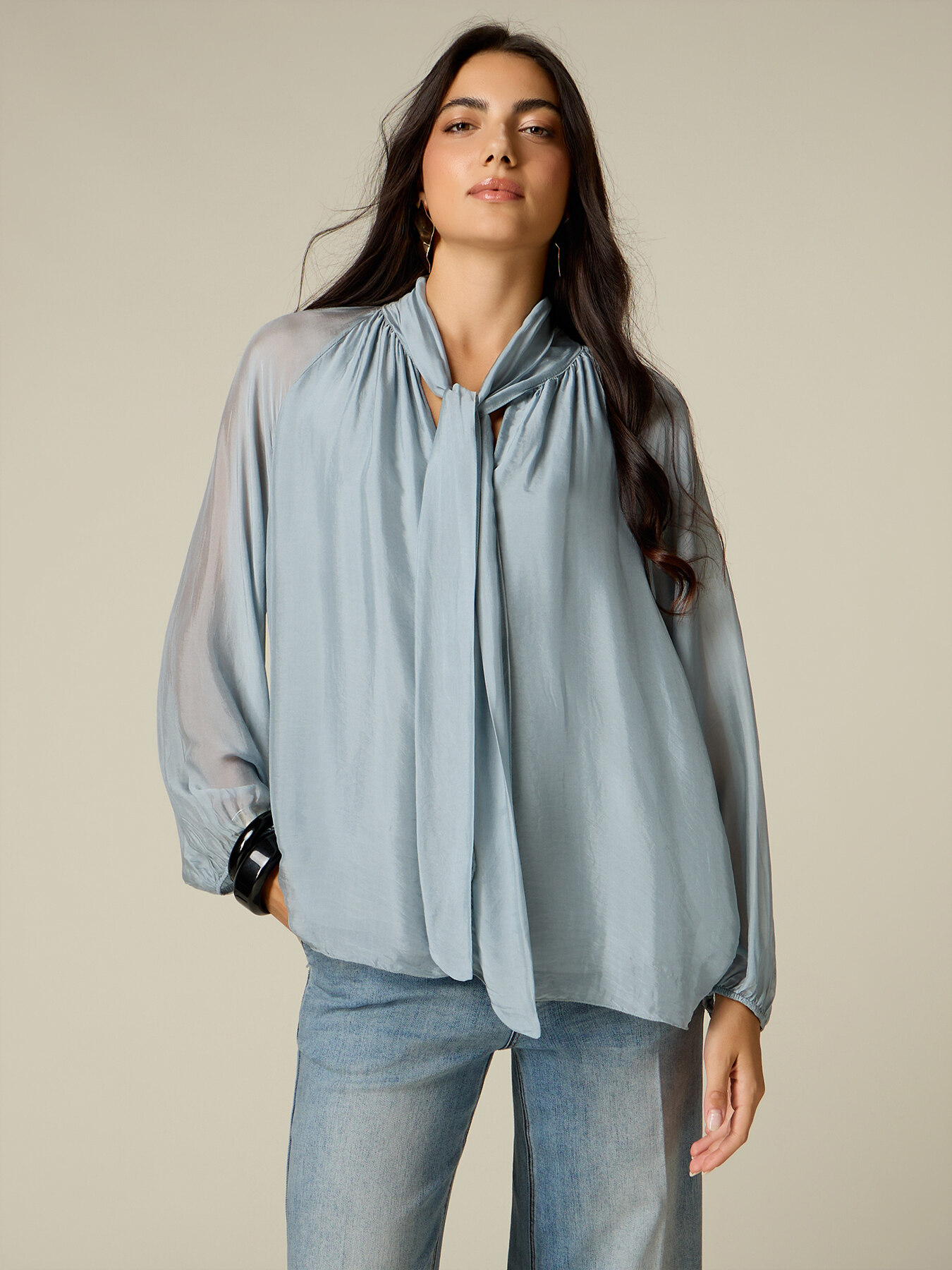Mixed silk voile blouse with bow image number 0