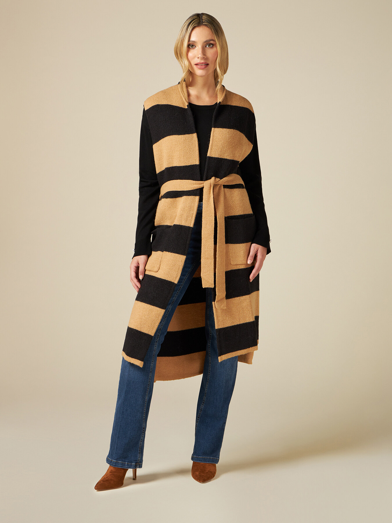 Gilet lungo a righe in maglia misto lana image number 0