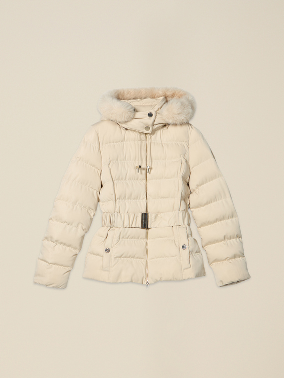 Down jacket with hood and waist belt