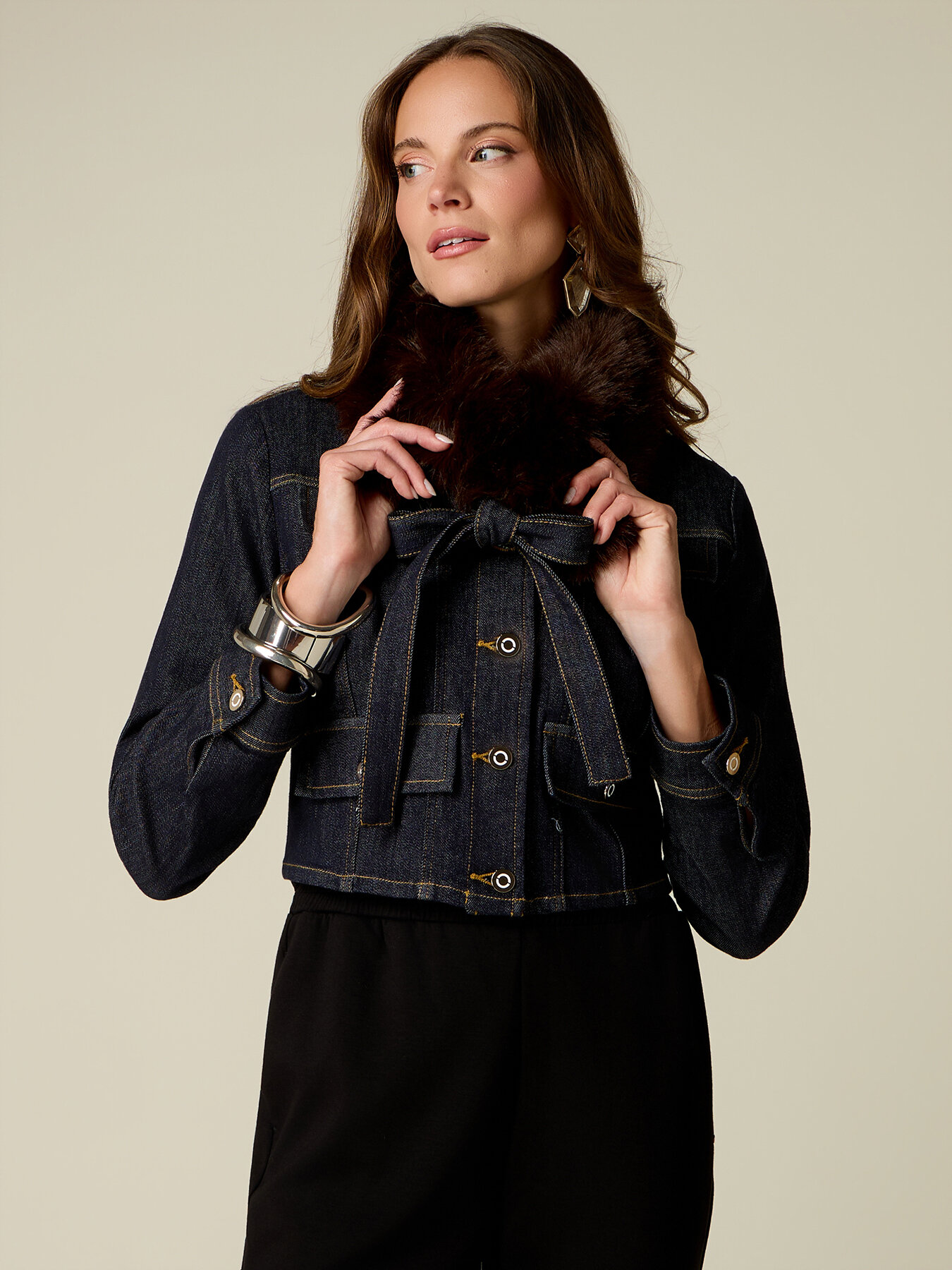 Denim jacket with faux shearling collar image number 0