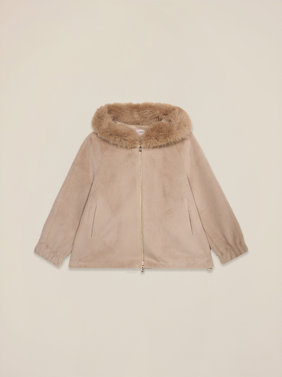 Short faux-fur effect jacket with hood