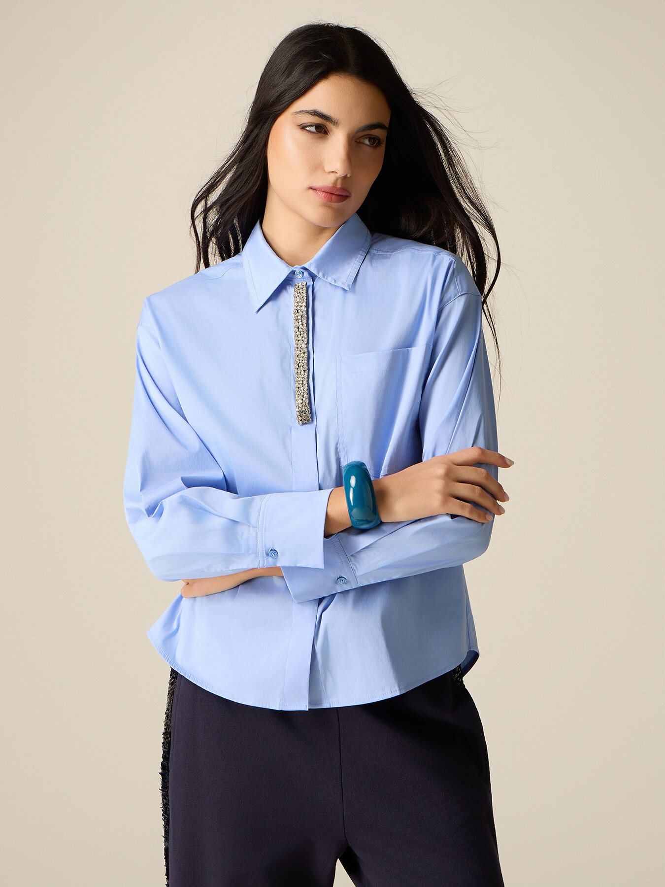 Poplin shirt with jewel embroidery image number 0
