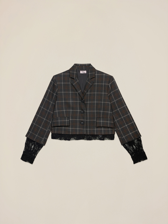Blazer cropped a quadri con dettagli pizzo