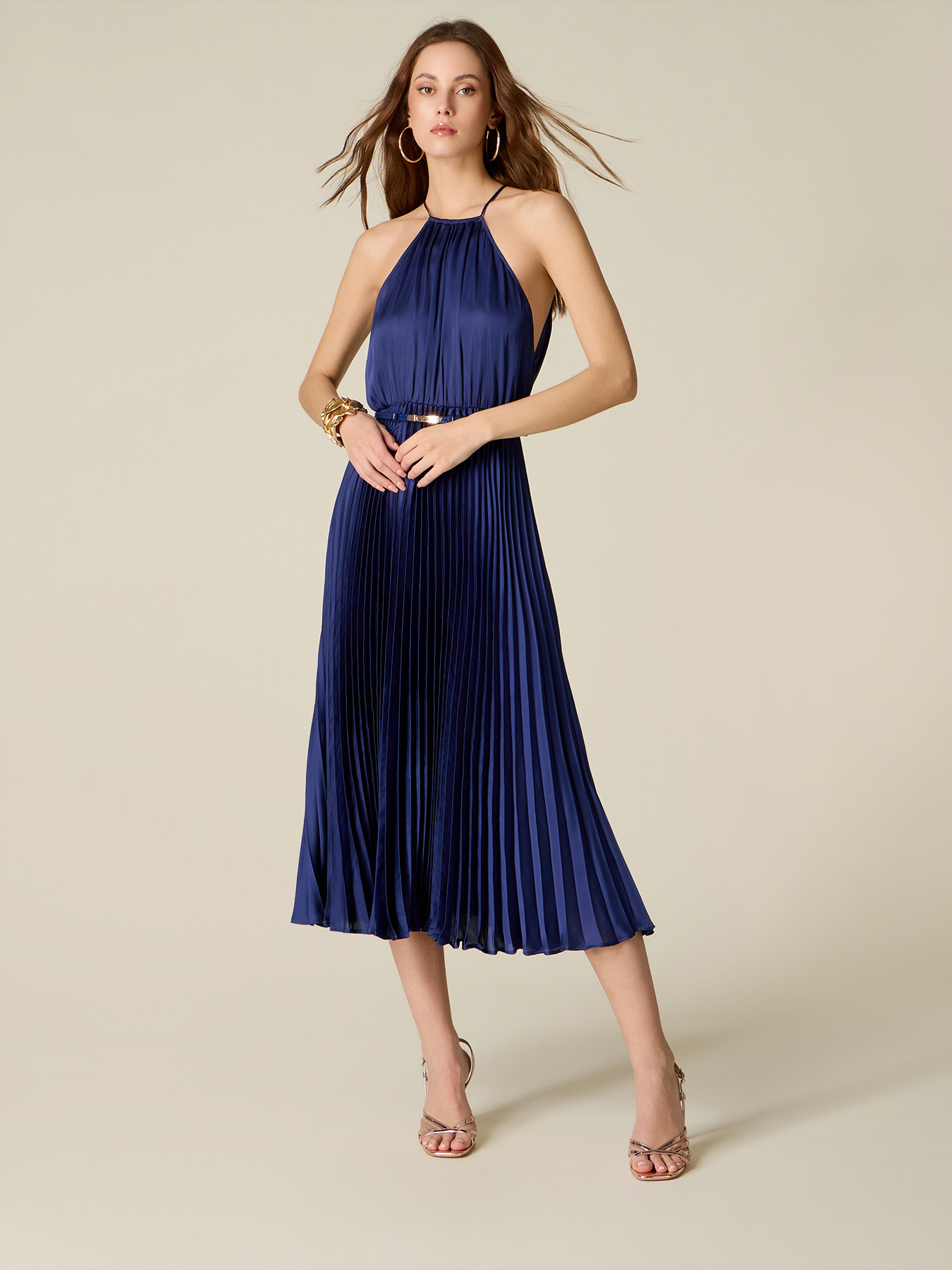 Pleated satin midi dress image number 0