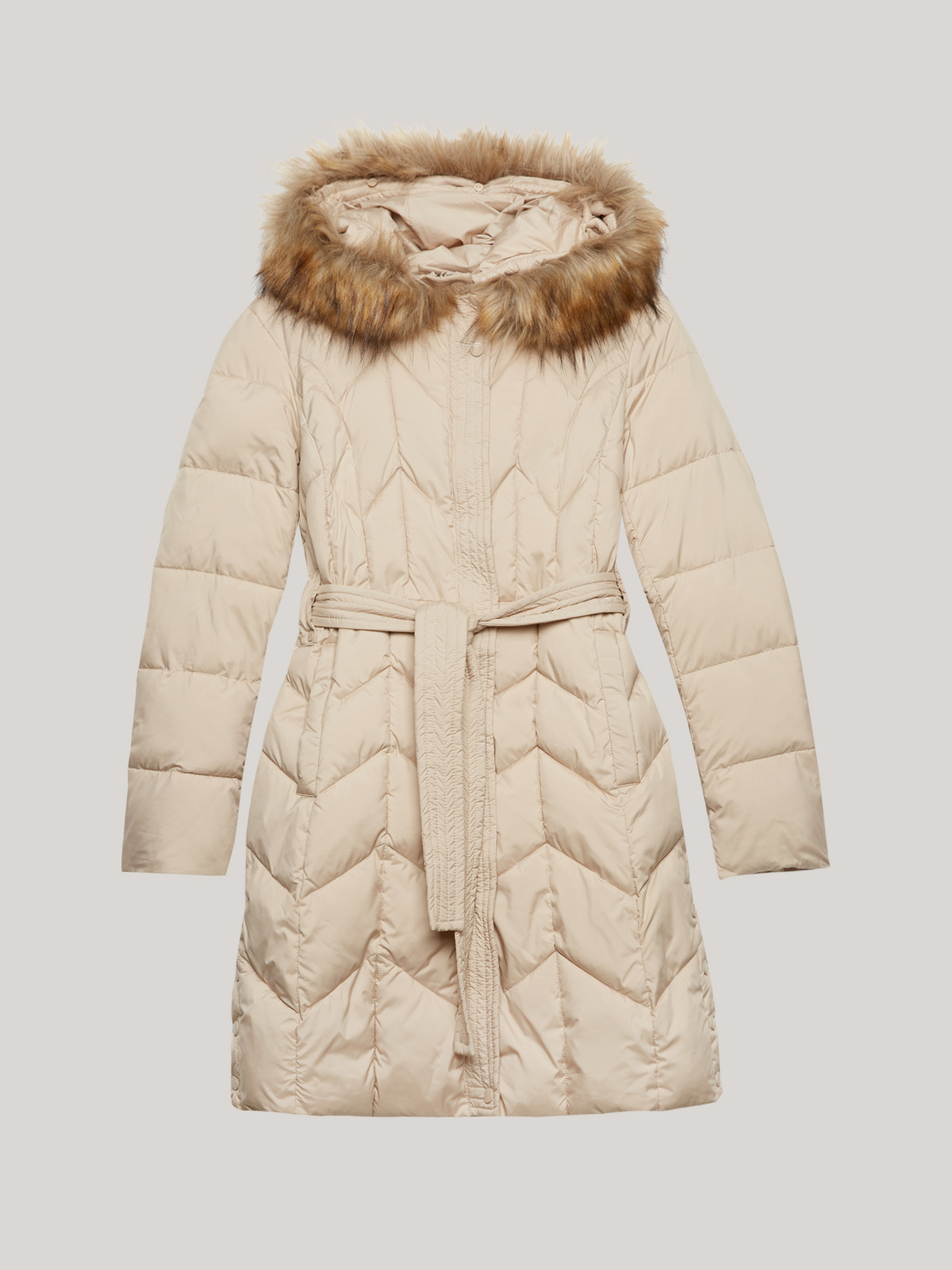 Piumino lungo con cappuccio e cintura image number 3