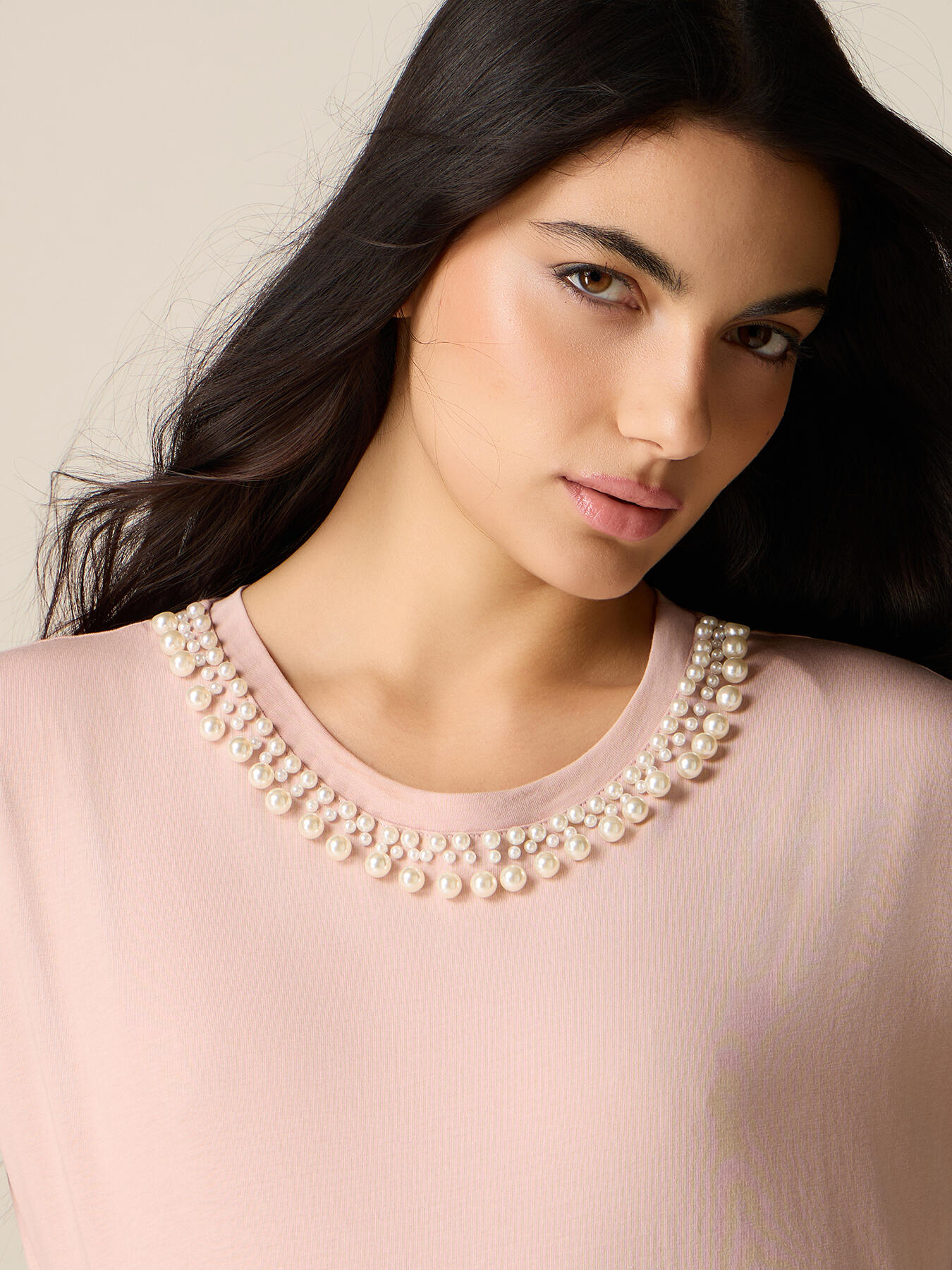Cotton t-shirt with pearls image number 2