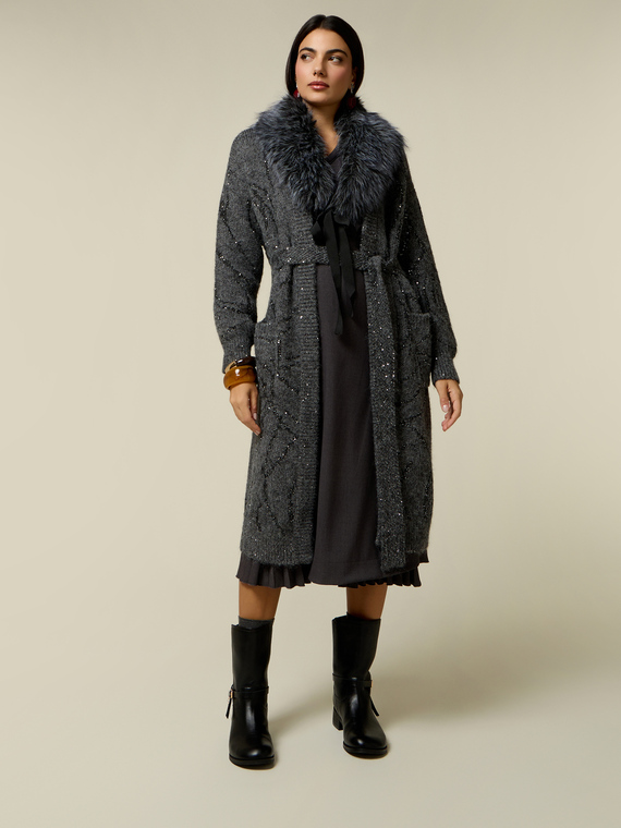 Knit coat with sequin embroidery