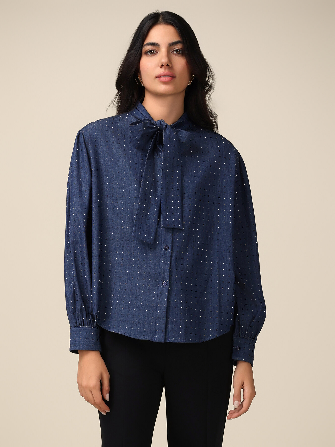 Denim shirt with studs and bow image number 0