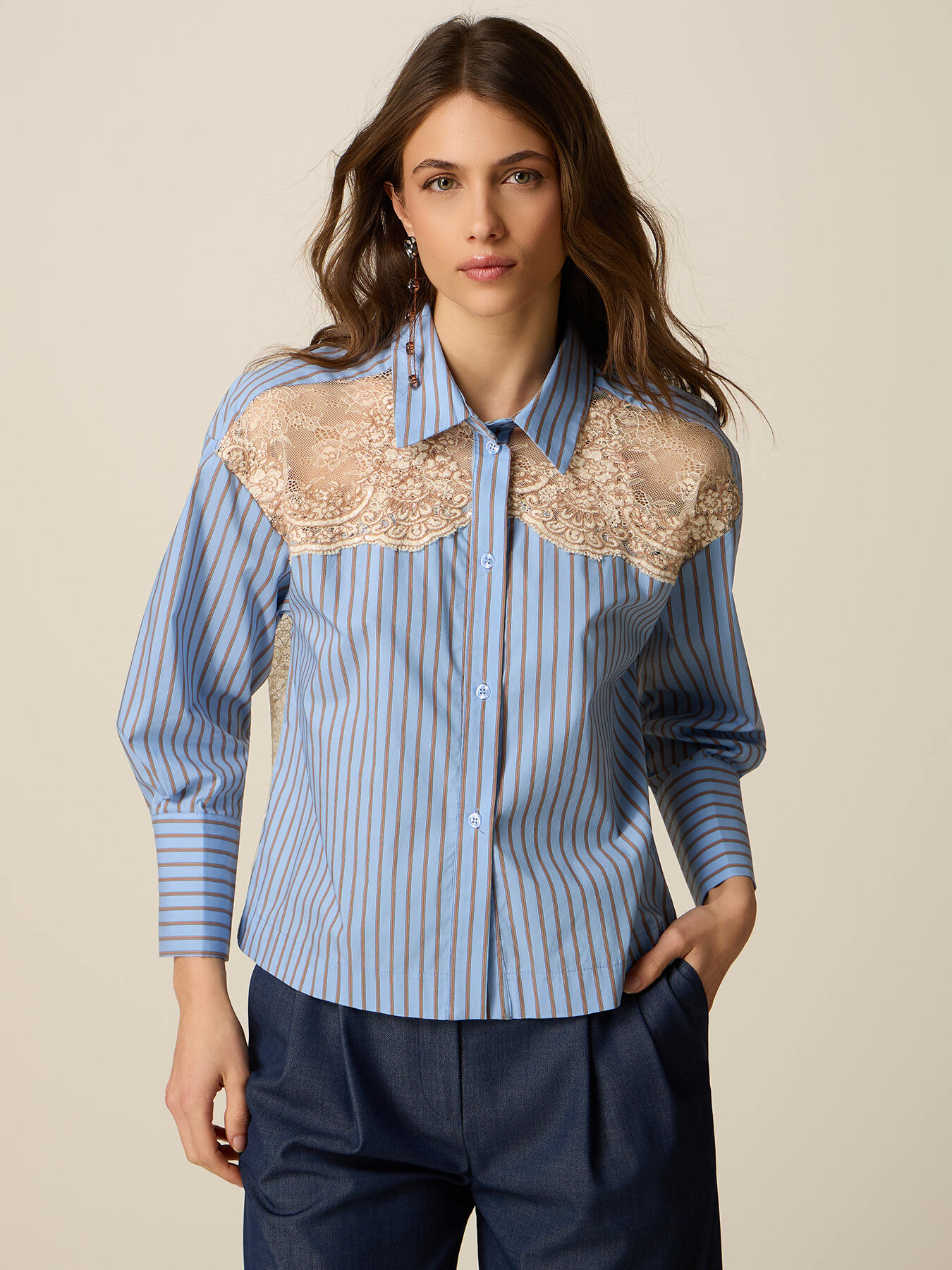 Striped shirt with lace inserts image number 0