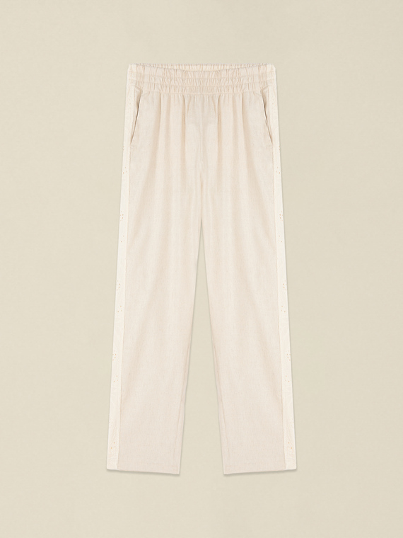 Mixed linen trousers with broderie anglaise band