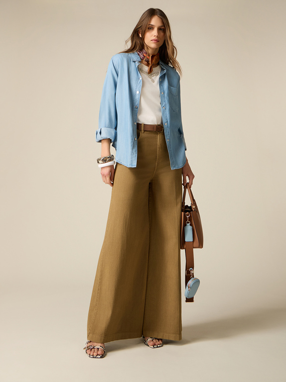 Wide leg garment-dyed cotton trousers