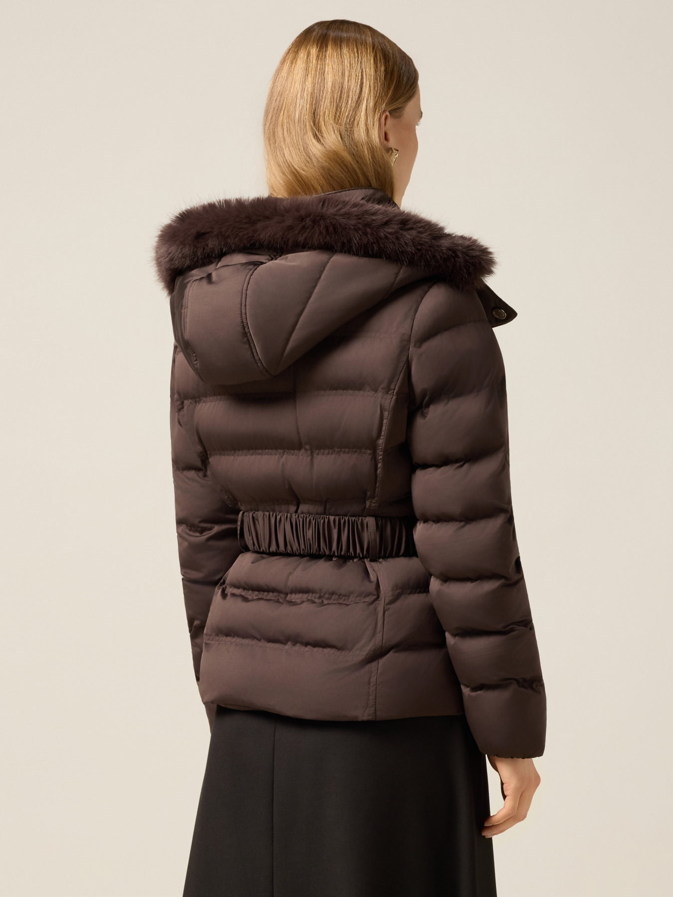 Down jacket with hood and waist belt image number 1