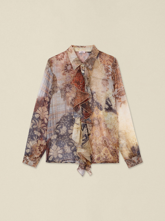 Blusa in creponne con stampa floreale e volant