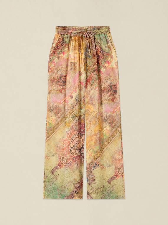 Pantaloni palazzo din satin cu imprimeu