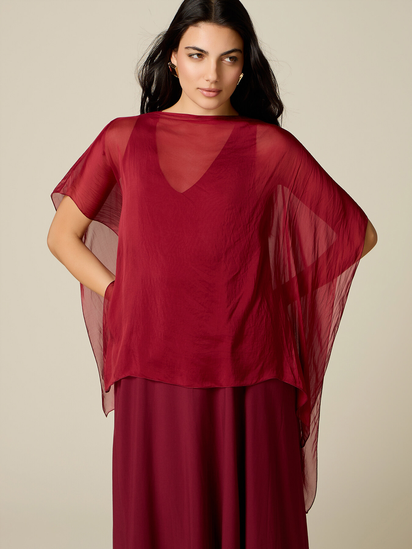 Poncho en voile m&eacute;lang&eacute; soie image number 0