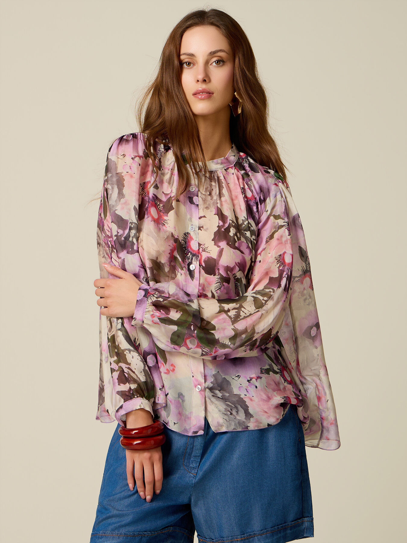 Patterned mixed silk voile blouse image number 0