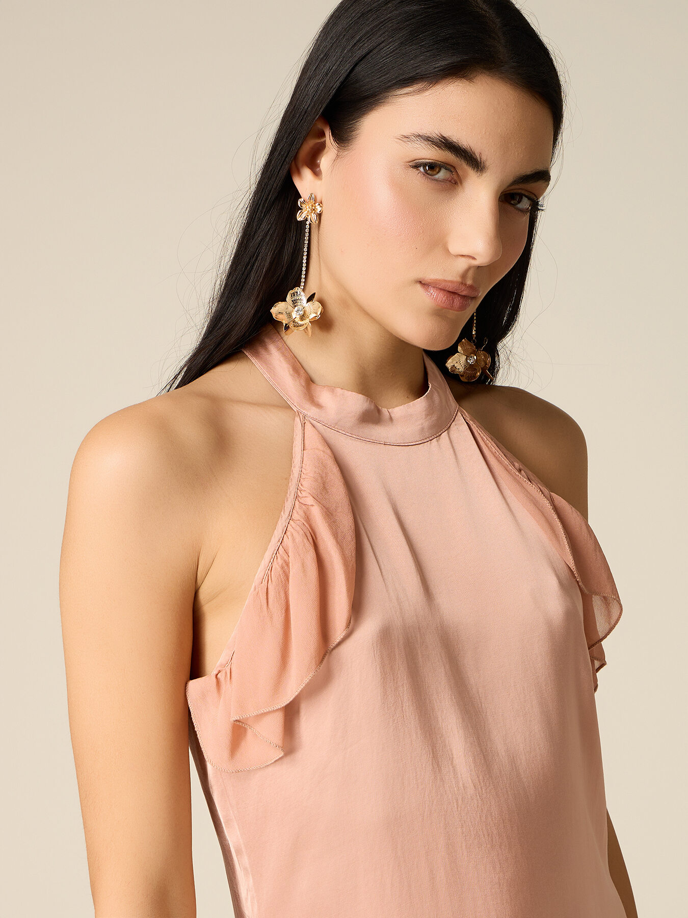 Long satin dress with ruffle image number 2