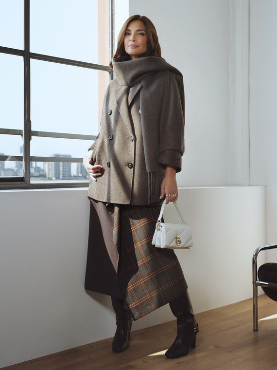Short wool-blend coat with scarf