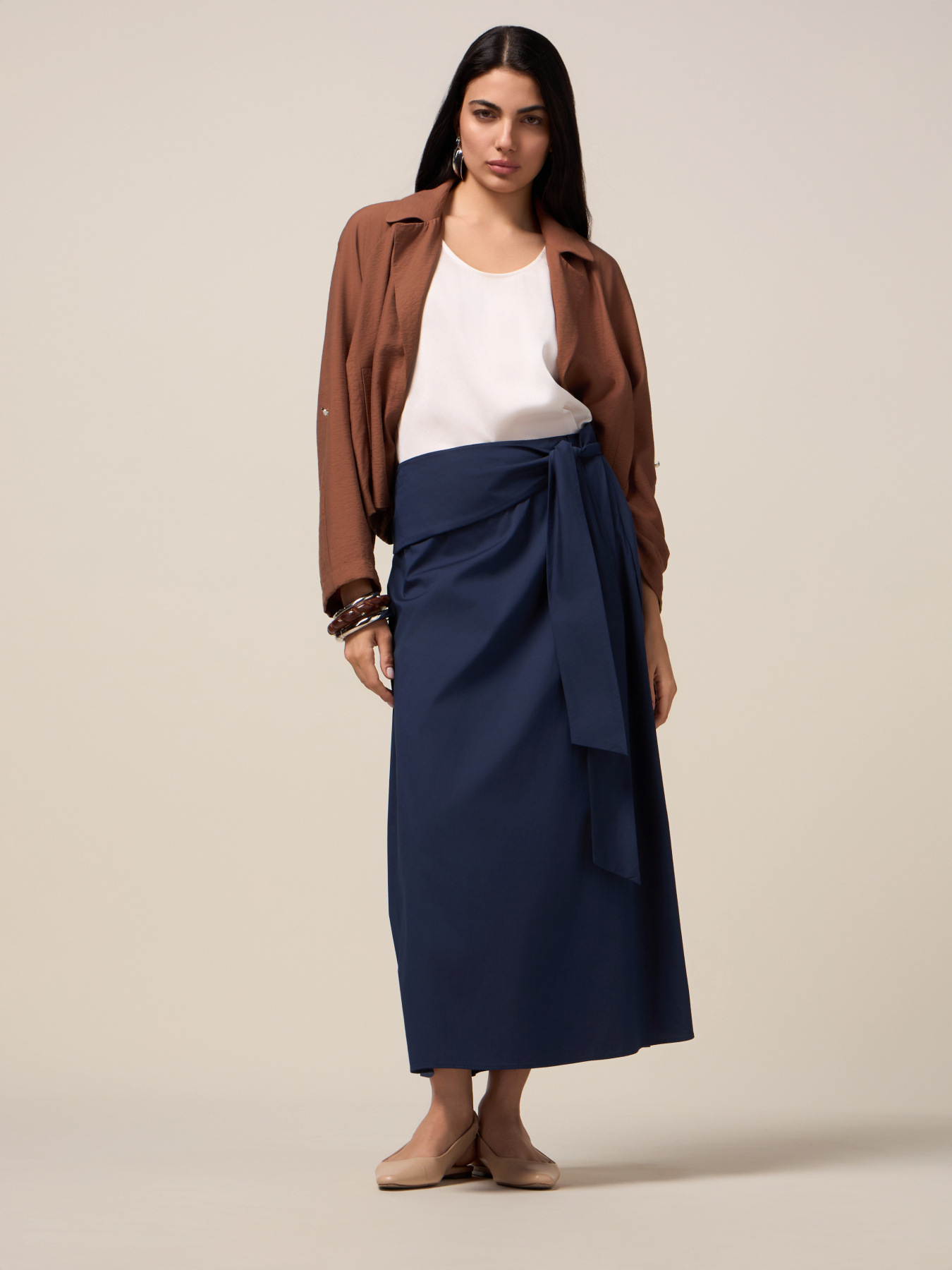 Midi poplin skirt with sash image number 0