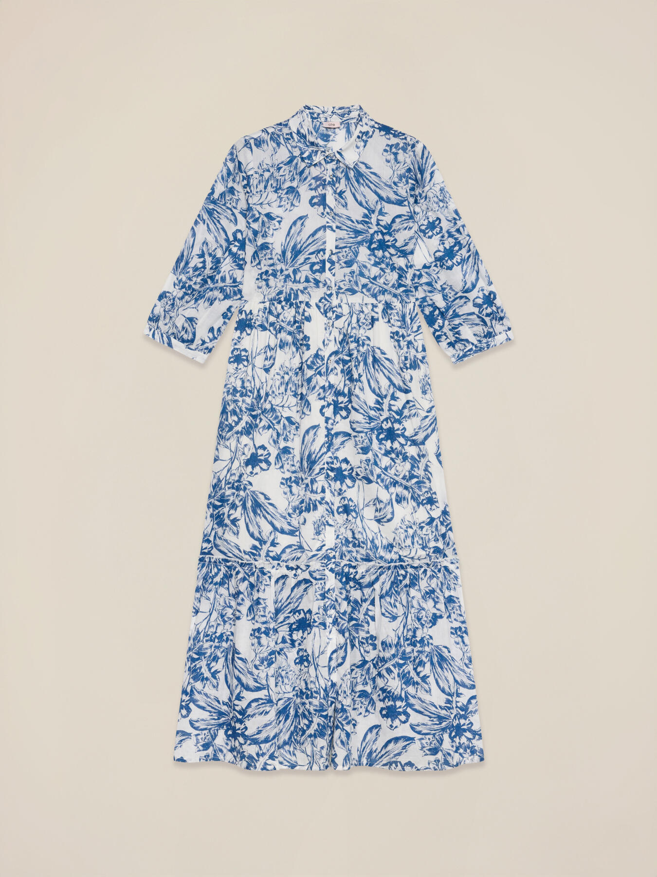 Langes gemustertes Baumwoll-Hemdblusenkleid image number 4