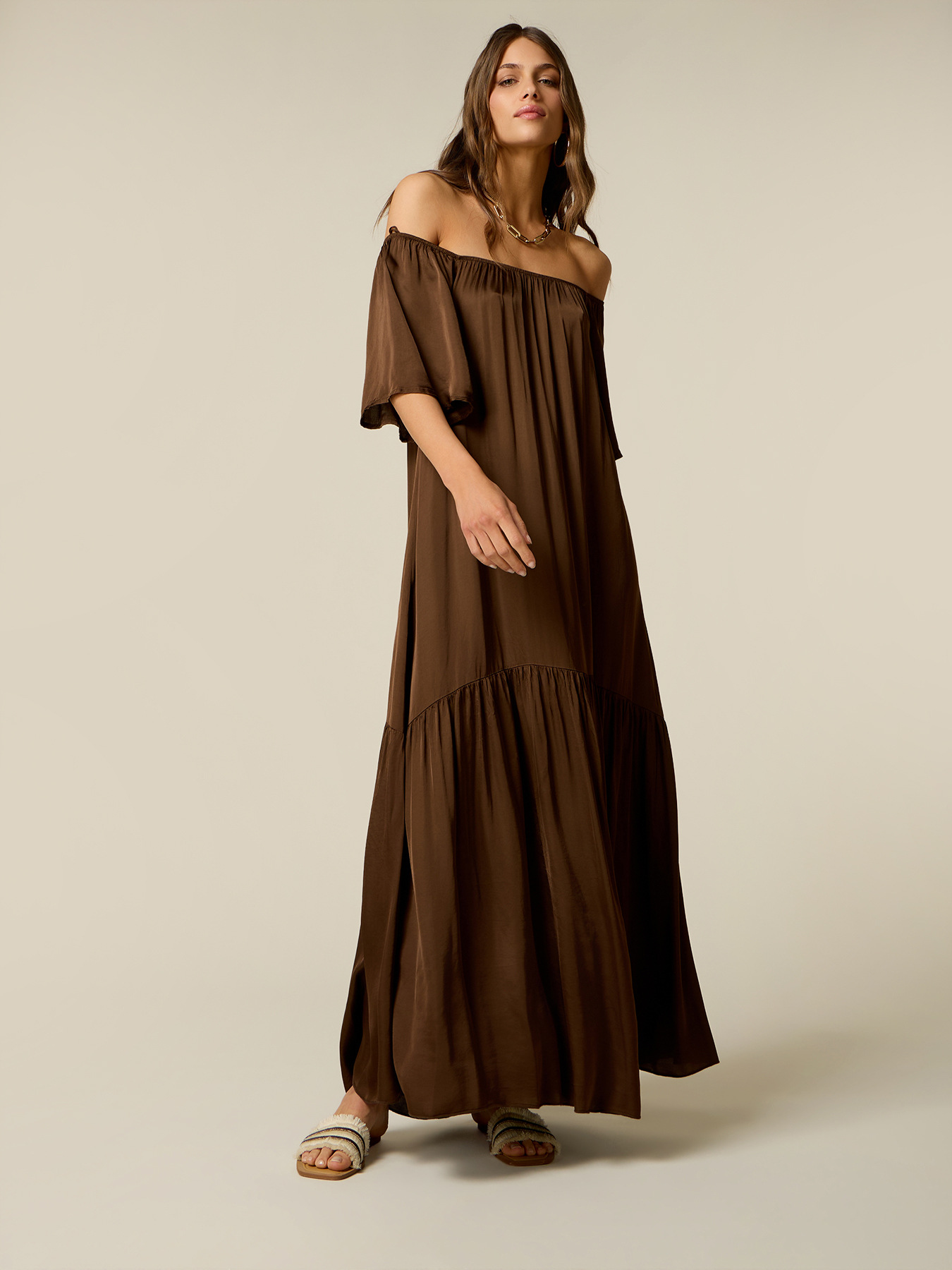 Long off-shoulder satin dress image number 0