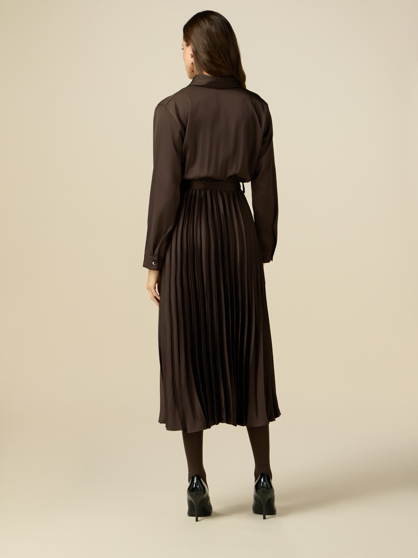 Midi satin dress with pleated skirt image number 1