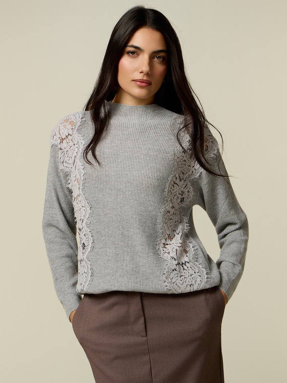 Maglia misto cashmere con inserti in pizzo