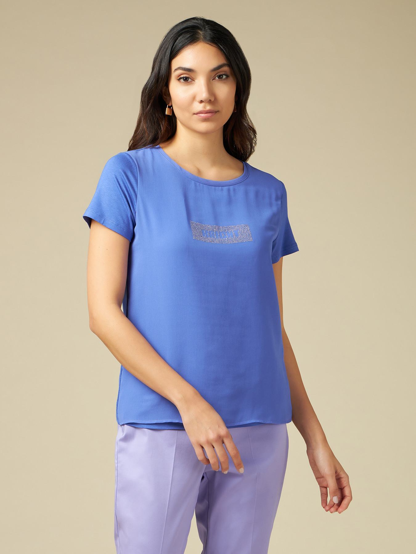 T-shirt bimaterica con strass image number 0