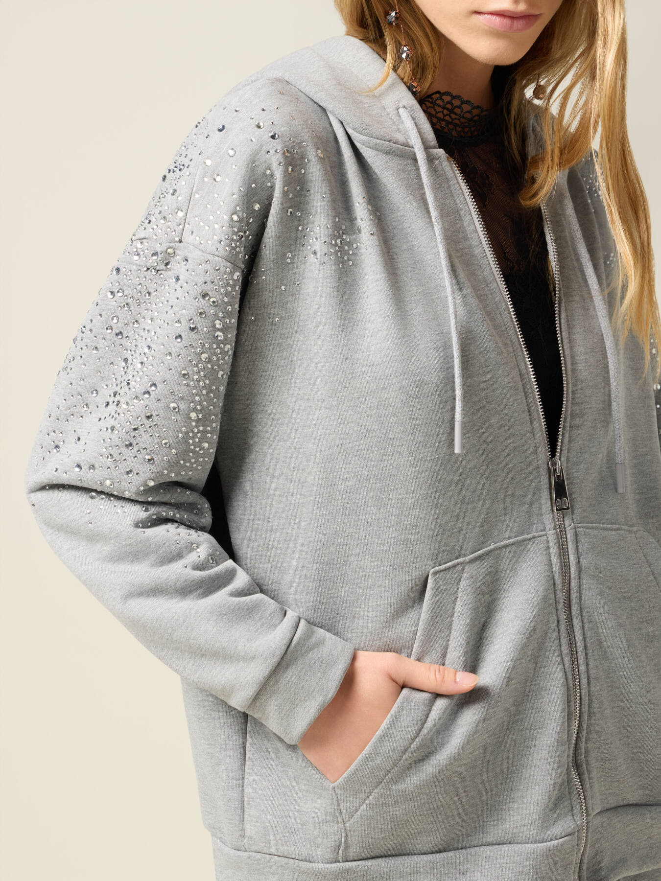 Zip-up sweatshirt with crystals on the sleeves image number 2