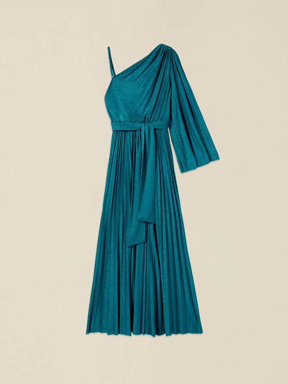 One-shoulder pleated dress in lurex jersey