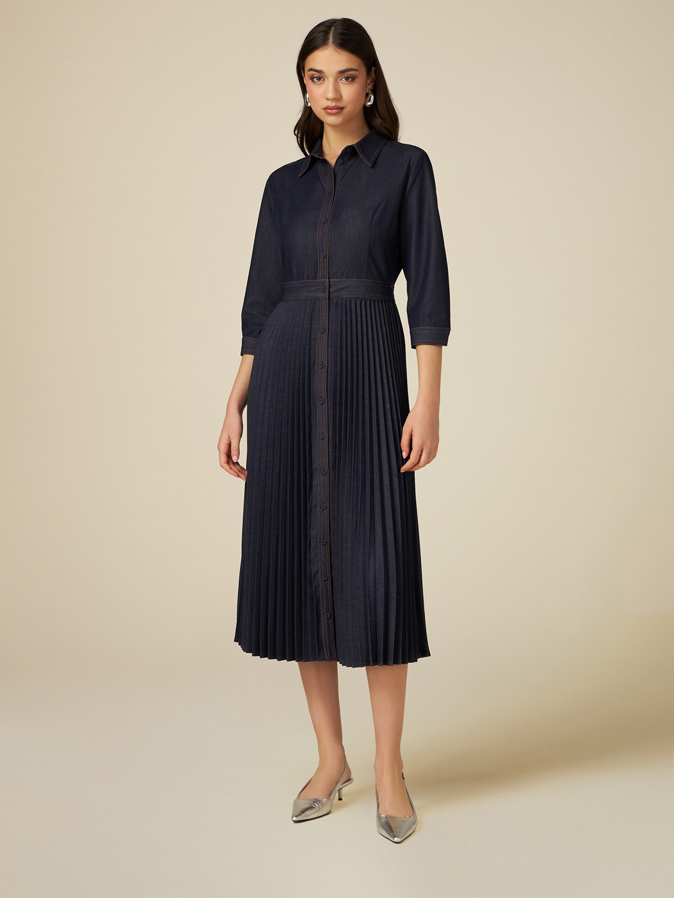 Rochie din denim cu fustă plisată image number 0