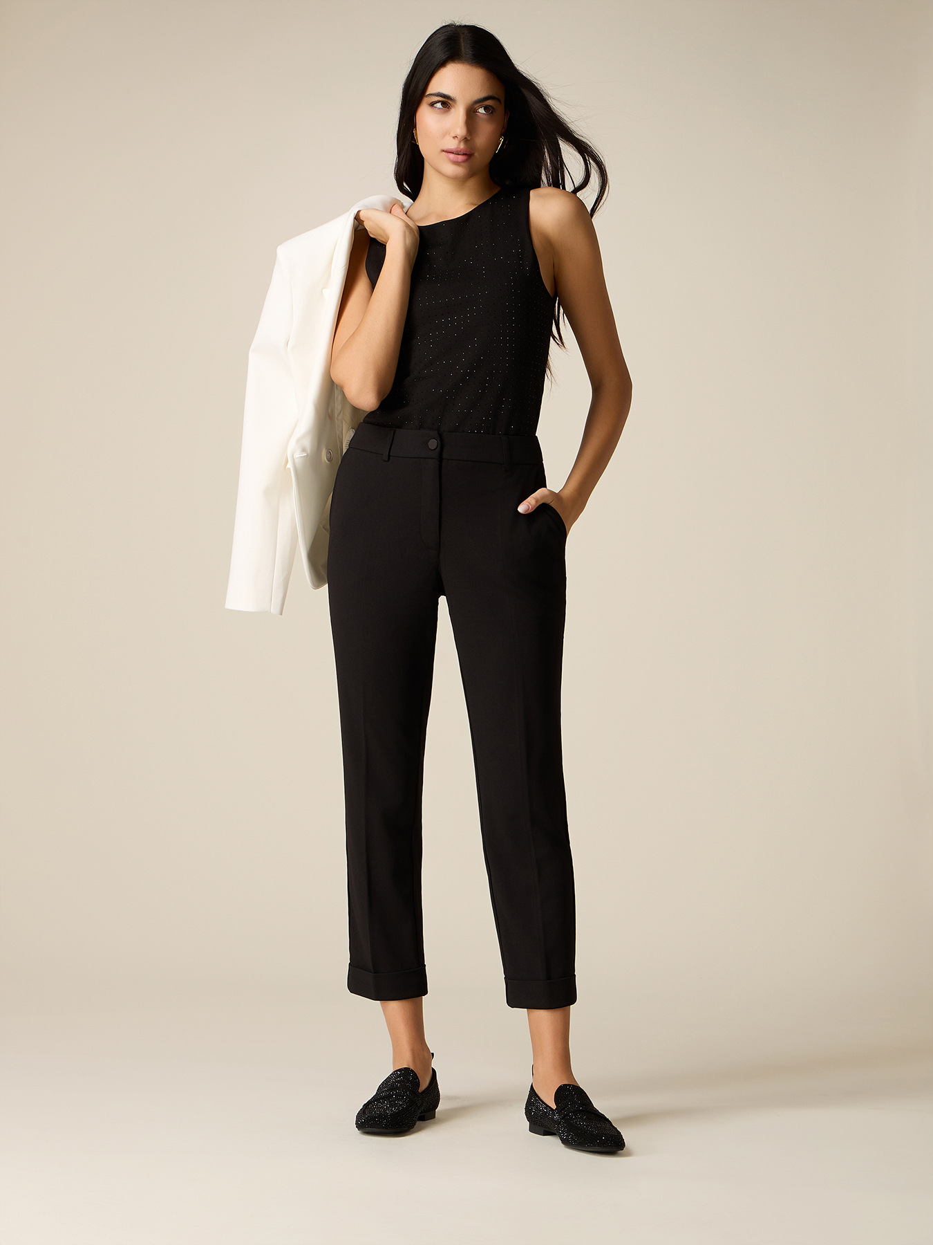 Cropped pants in cr&ecirc;pe fabric image number 0