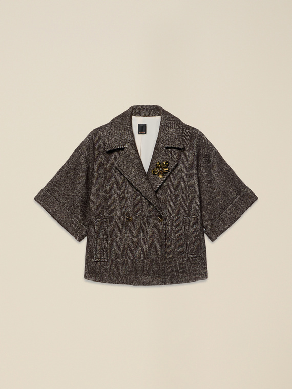 Double-breasted wool blend cape with brooch