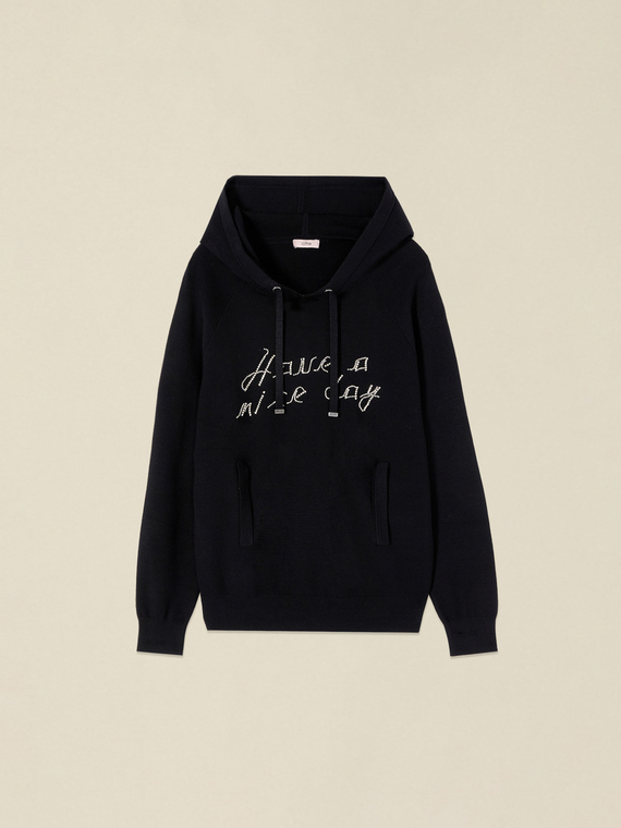 Hooded sweater with jewel embroidery