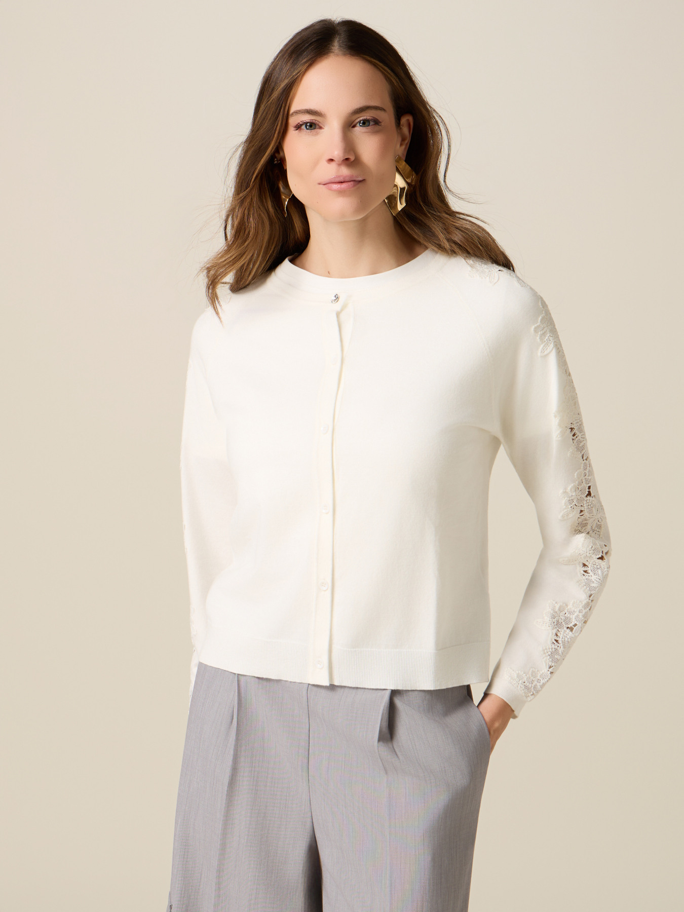 Viscose blend cardigan with lace inserts image number 0