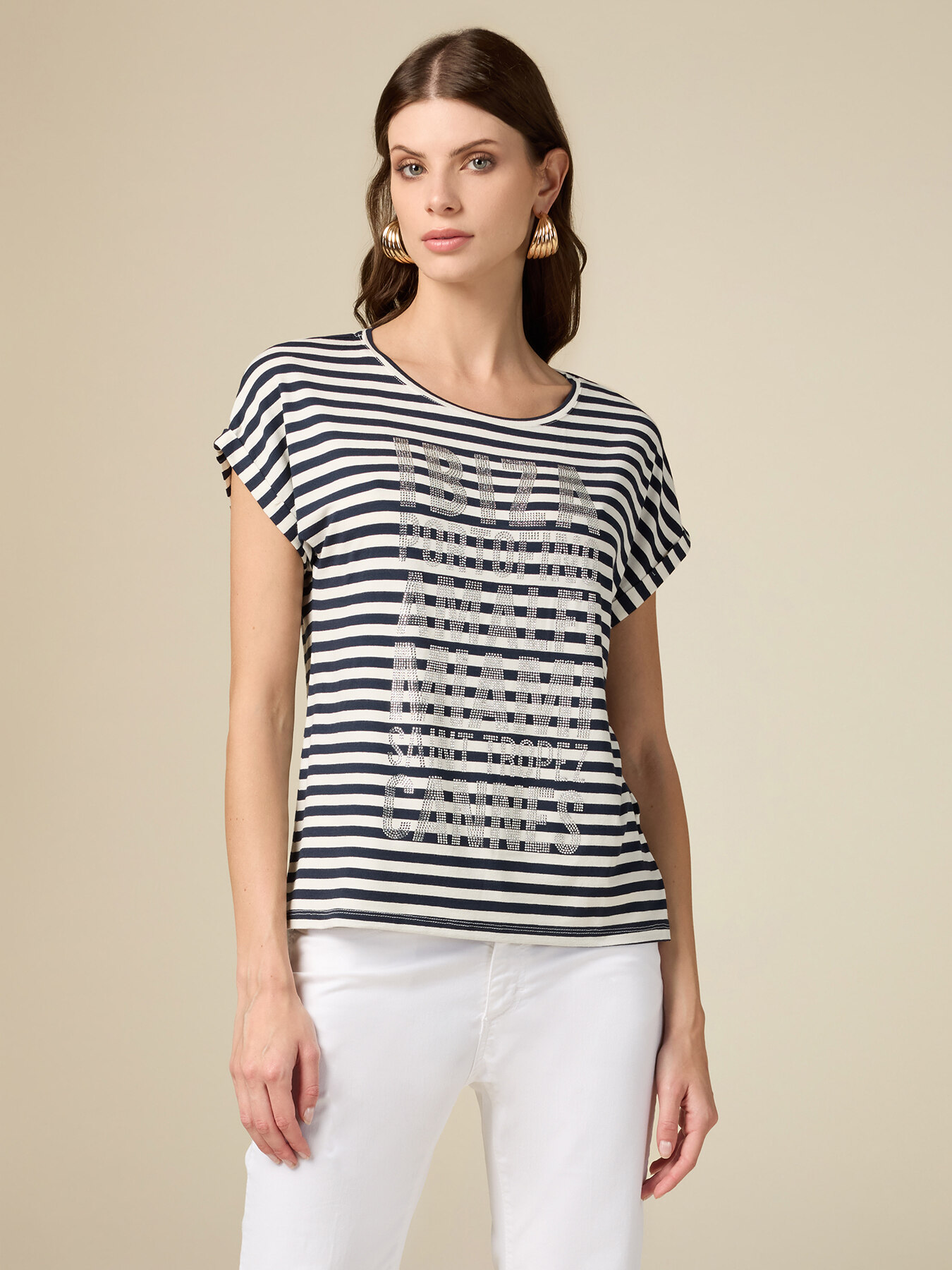 Gestreiftes T-Shirt mit Kristallen image number 0
