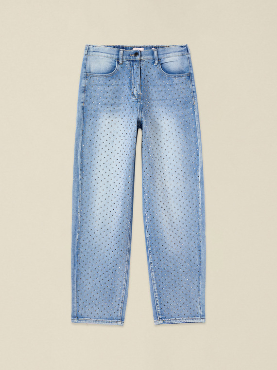 Jeans barrel cu cristale &icirc;n față