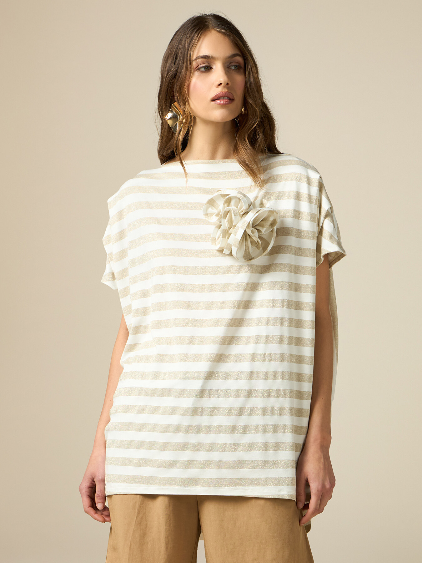 Koroshi T-shirt Donna In Cotone Con Stampa Righe E Fiori Ricamati - Scollo Rotondo Bianco - Taglia S - Casual Chic - 6